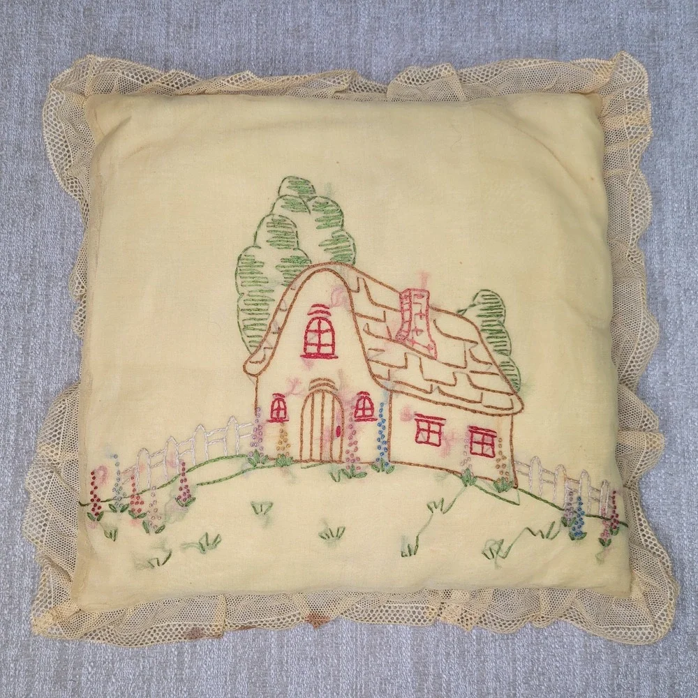 Vintage Embroidery Pillow with Lace Edges 12x12 Shabby Chic Cottagecore‎ Yellow